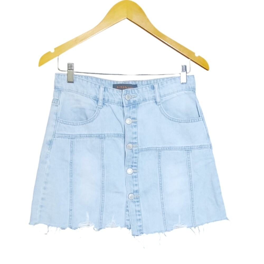 Risen Womens Light Wash Button Front Closure Distressed Raw Hem Mini Skirt Small
